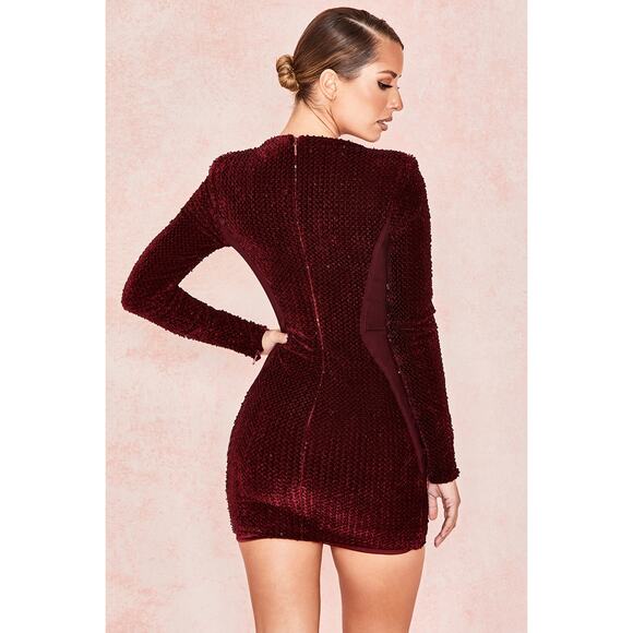 House of CB Kae wine velvet sequin long sleeve dress - Picture 3 of 3